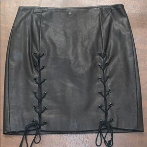 Olivaceous leather tie up skirt